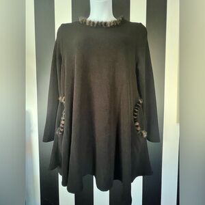 Vintage 80s Black Swing Shift Dress Womens Plus Size 1X Faux Fur Trim Pockets